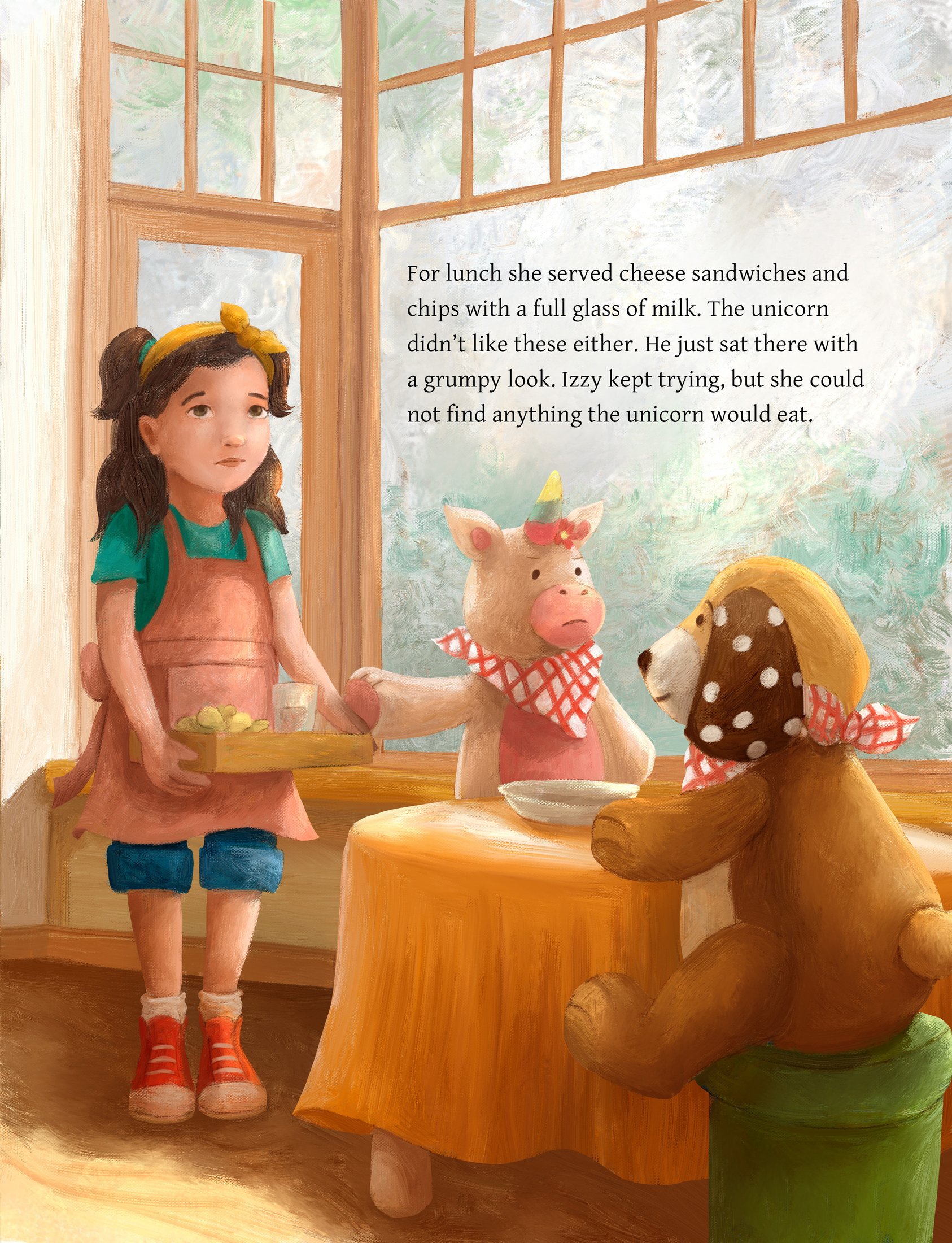 Illustration of Izzy serving lunch to her stuffed animal customers, from 'Playtime with Izzy'.